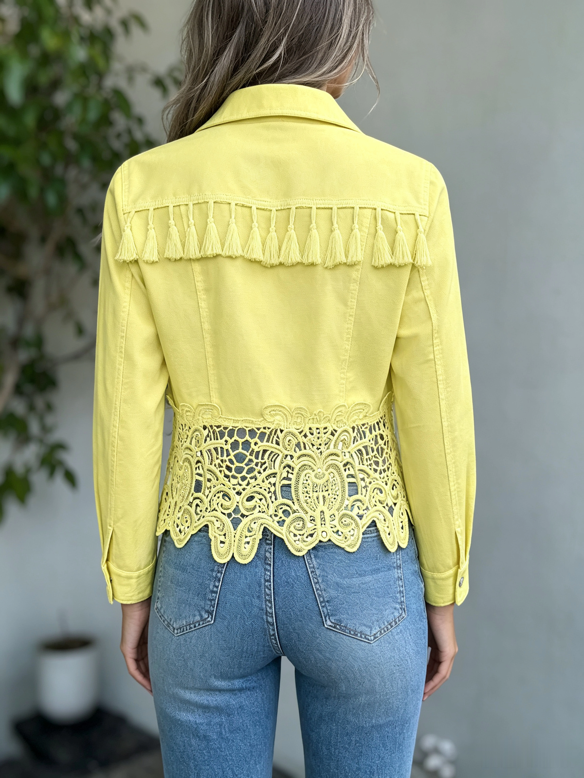Retro Lace Hollow Patchwork Long Sleeve Casual Lapel Stylish Denim Jacket