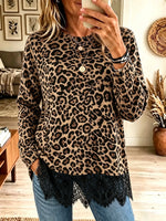 Women's Leopard Print Eyelash Lace Trim Sweatshirt