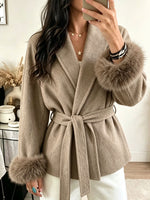 Women Faux Fur Cuff Belted Wrap Wool Blend Coat Lapel Long Sleeve Short Jacket