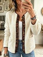 Women's Leopard Trim Sherpa Fleece Cardigan