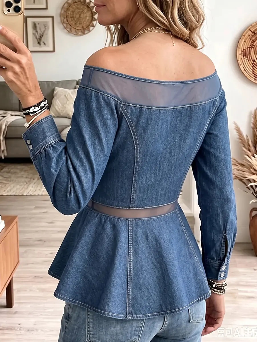 Vintage Elegant Denim Patchwork Sheer Mesh Shirt