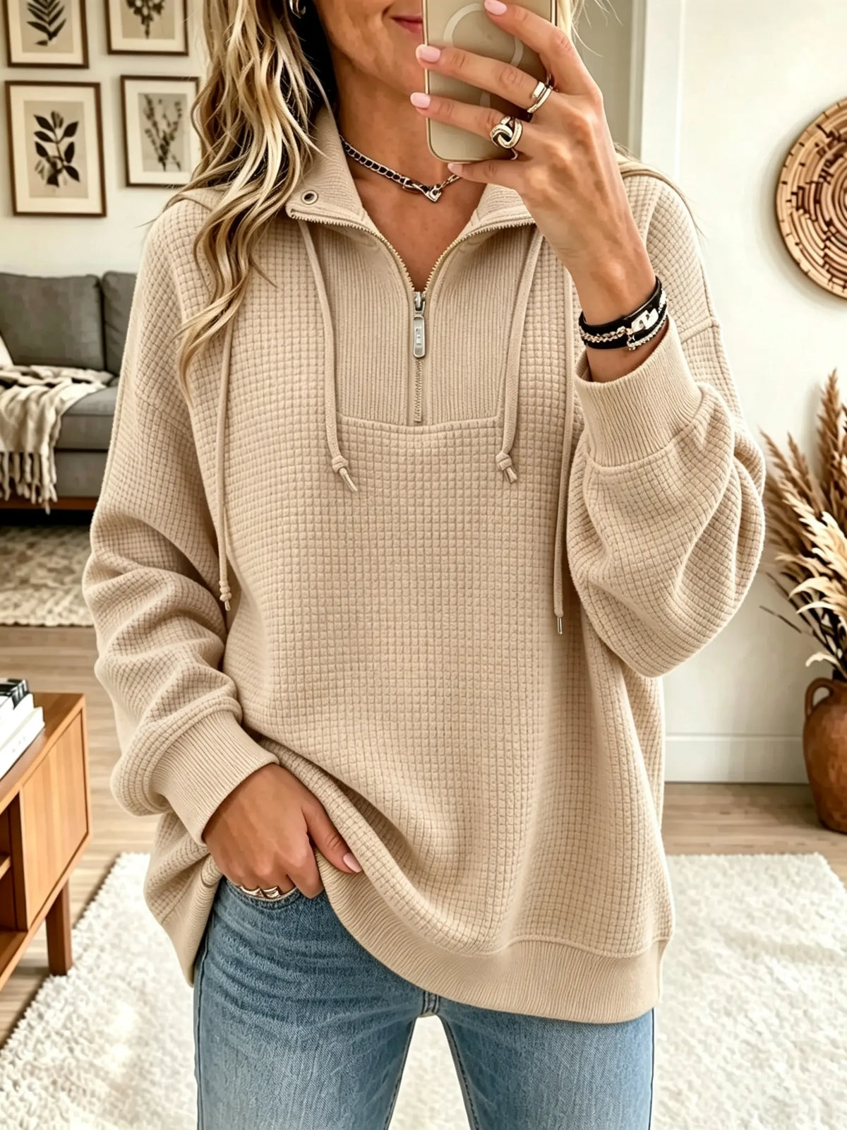 Women's Half-Zip Waffle Knit Pullover Sweatshirt