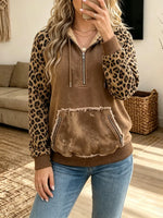 Retro Leopard Zip Fleece Hooded Art Casual Stylish Long Sleeve Sweatshirt