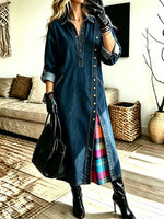 Women's Plaid Patchwork Denim Shirt Maxi Dress