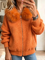 Vintage Elegant Fur-trimmed Patchwork Sweater Zip-up Coat