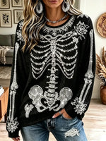 Retro Rhinestone Skeleton Pattern Art Casual Stylish Long Sleeve Top
