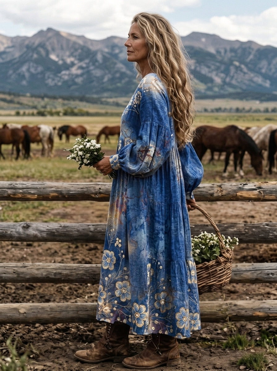 Women‘s Blue Tie Dye Floral Square Neck Balloon Sleeve Boho Midi Dress
