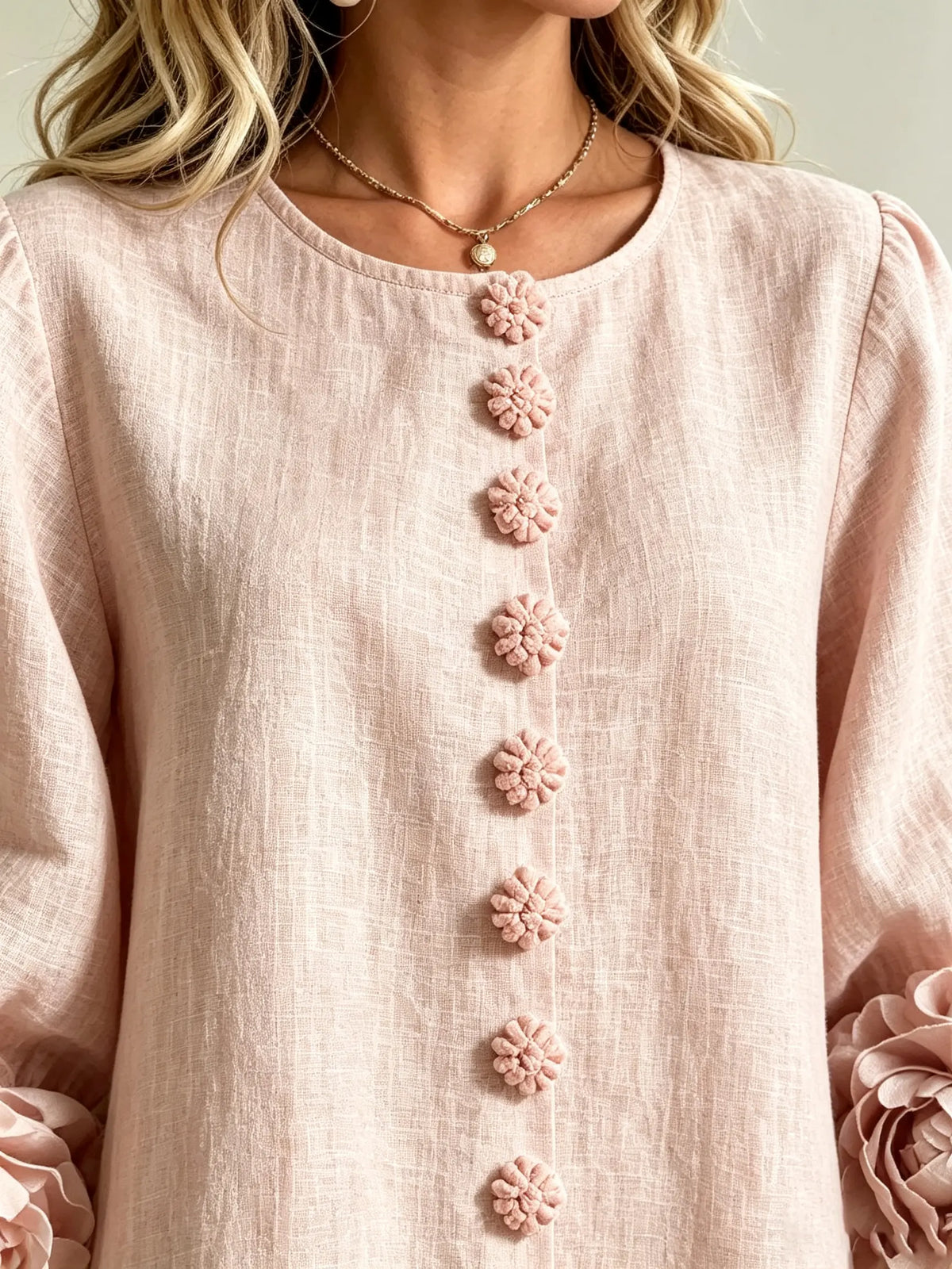Women's 3D Floral Accent Button-Down Linen Mini Dress