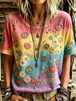 Women's Gradient Tie-Dye Daisy Music Note Peace Sign Embroidery Crew Neck Tee
