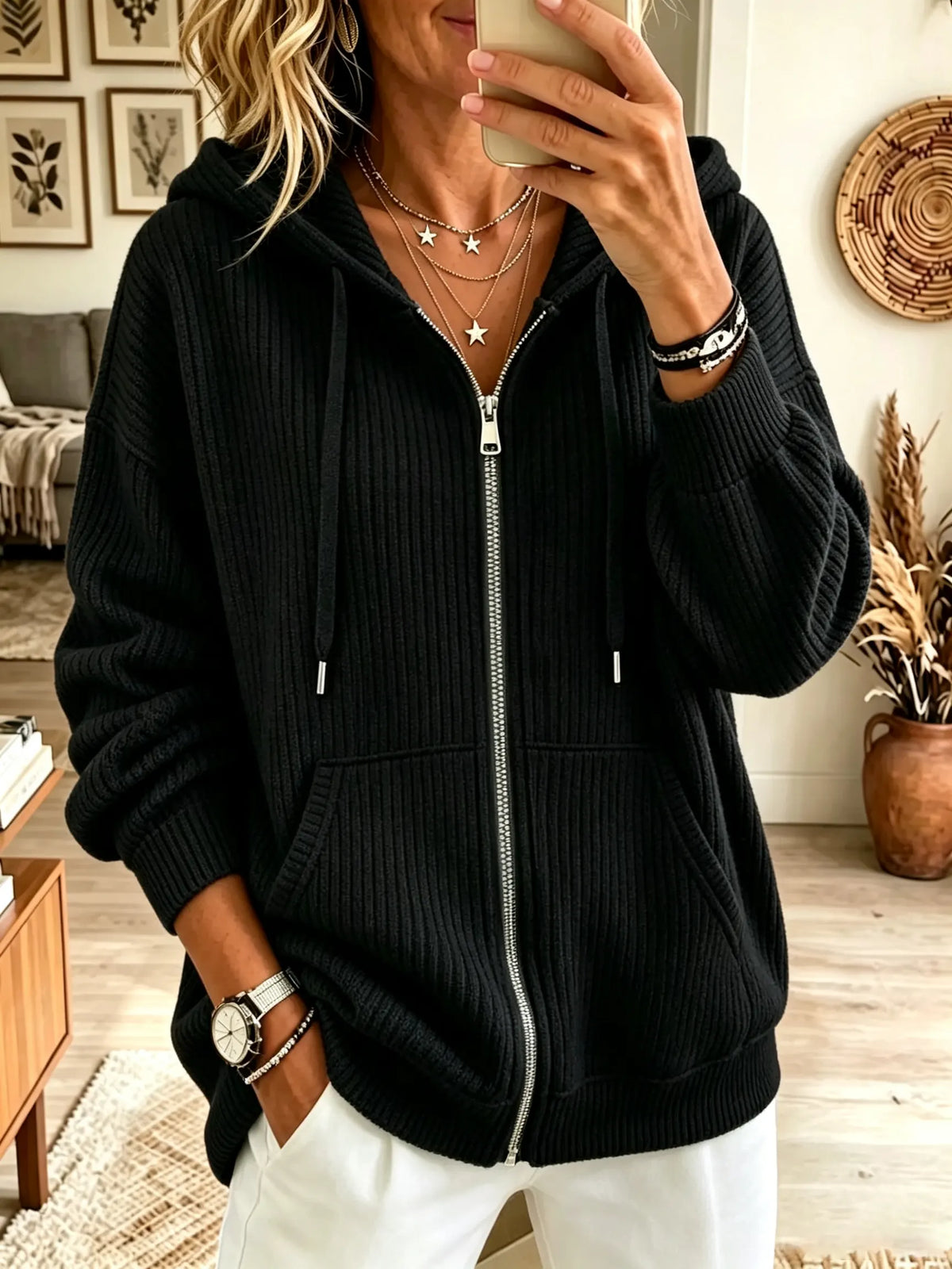 Women's Full-Zip Ribbed Knit Hooded Cardigan