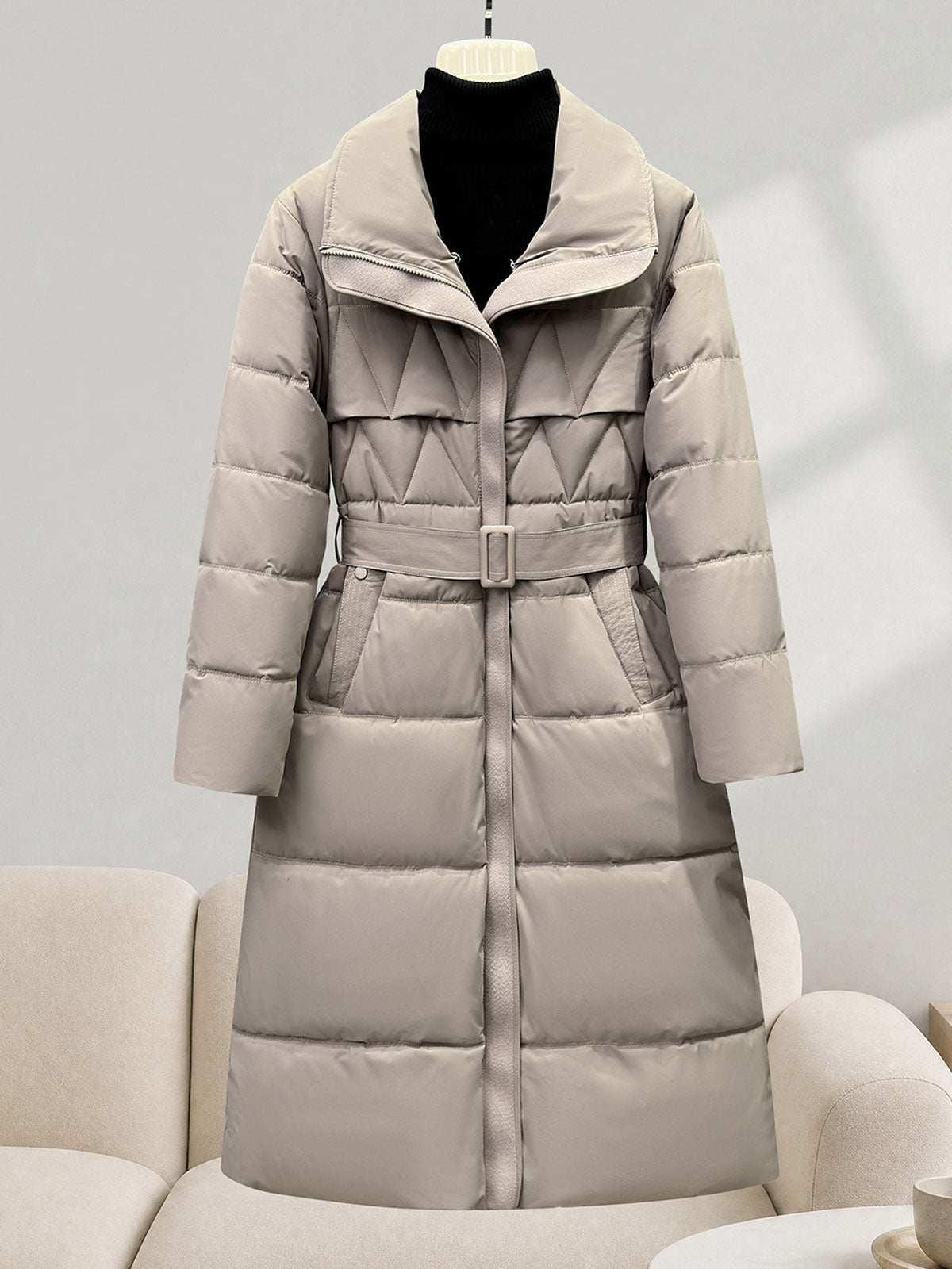Detachable Faux Fur Hood Belted Long Puffer Coat, Women Winter Warm Quilted Outerwear
