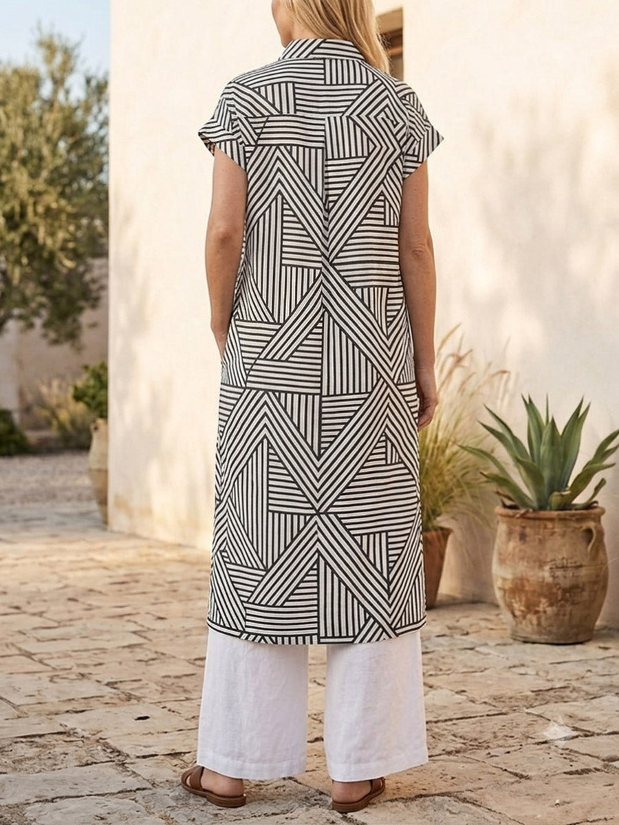 Geometric Pattern Art Print Casual Side Slits Stylish Cotton Linen Shirt