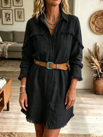 Women's Fringe Trim Linen-Blend Shirt Dress