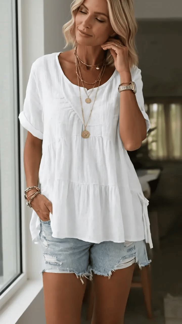 Women's Round Neck Cotton Linen Solid Color Loose Short-sleeved Shirt