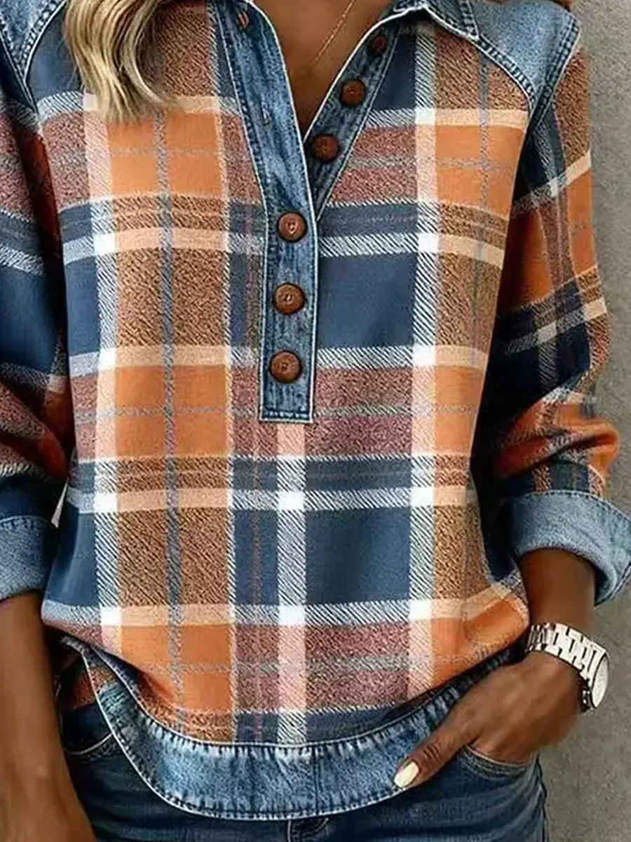 Retro Plaid Pattern Art Long Sleeve Casual Stylish Denim Patchwork Shirt