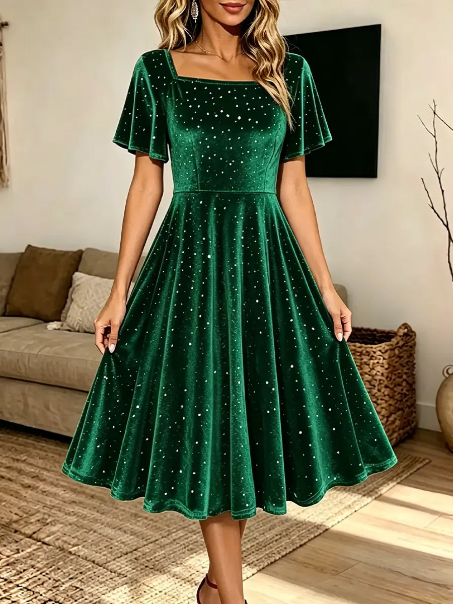 Vintage Elegant Velvet Rhinestone Square Neck Dress