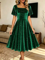 Vintage Elegant Velvet Rhinestone Square Neck Dress