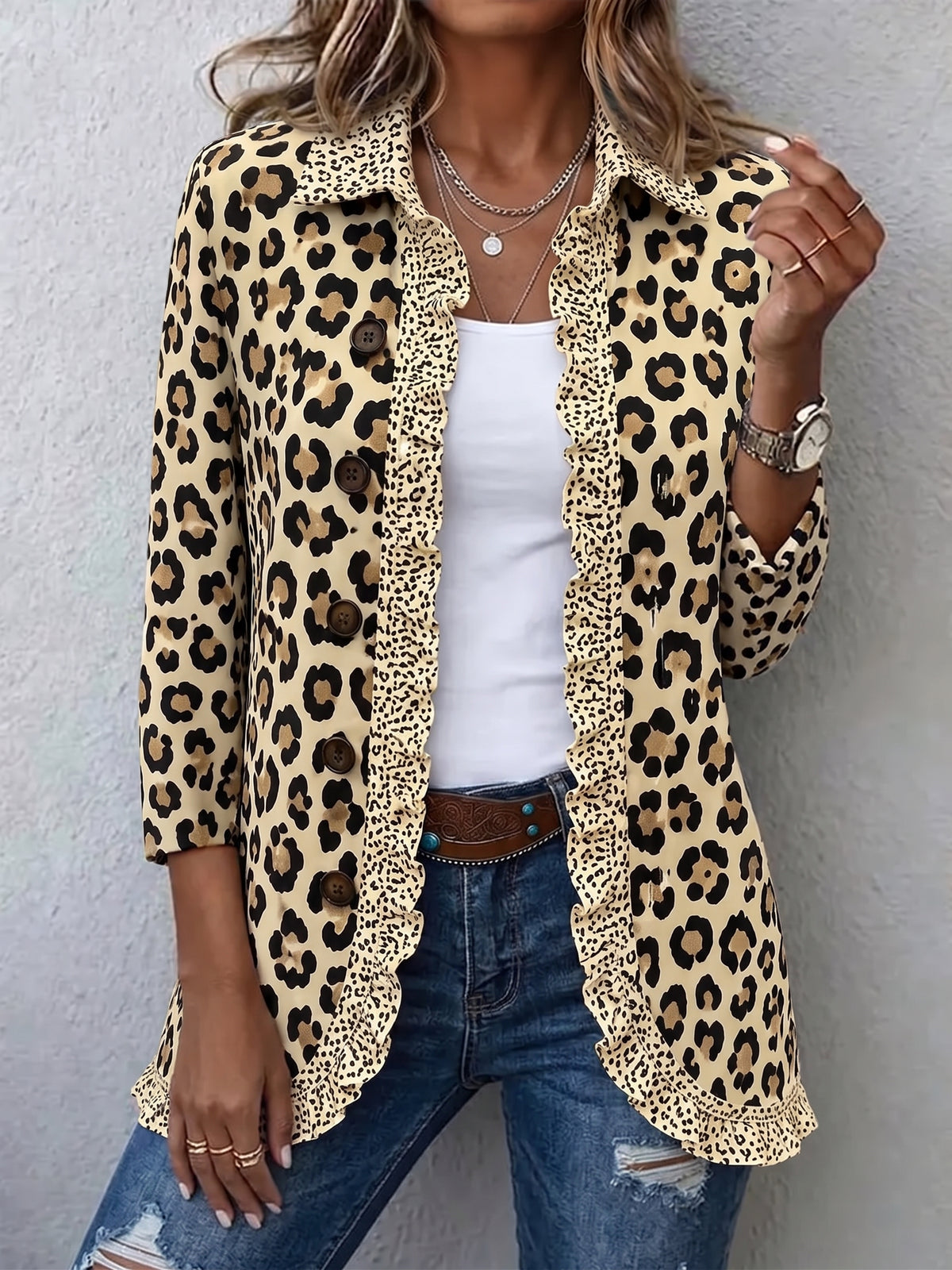 Women Leopard Print Ruffle Trim Shirt Jacket Collared 3/4 Sleeve Button Down Casual Blouse Coat