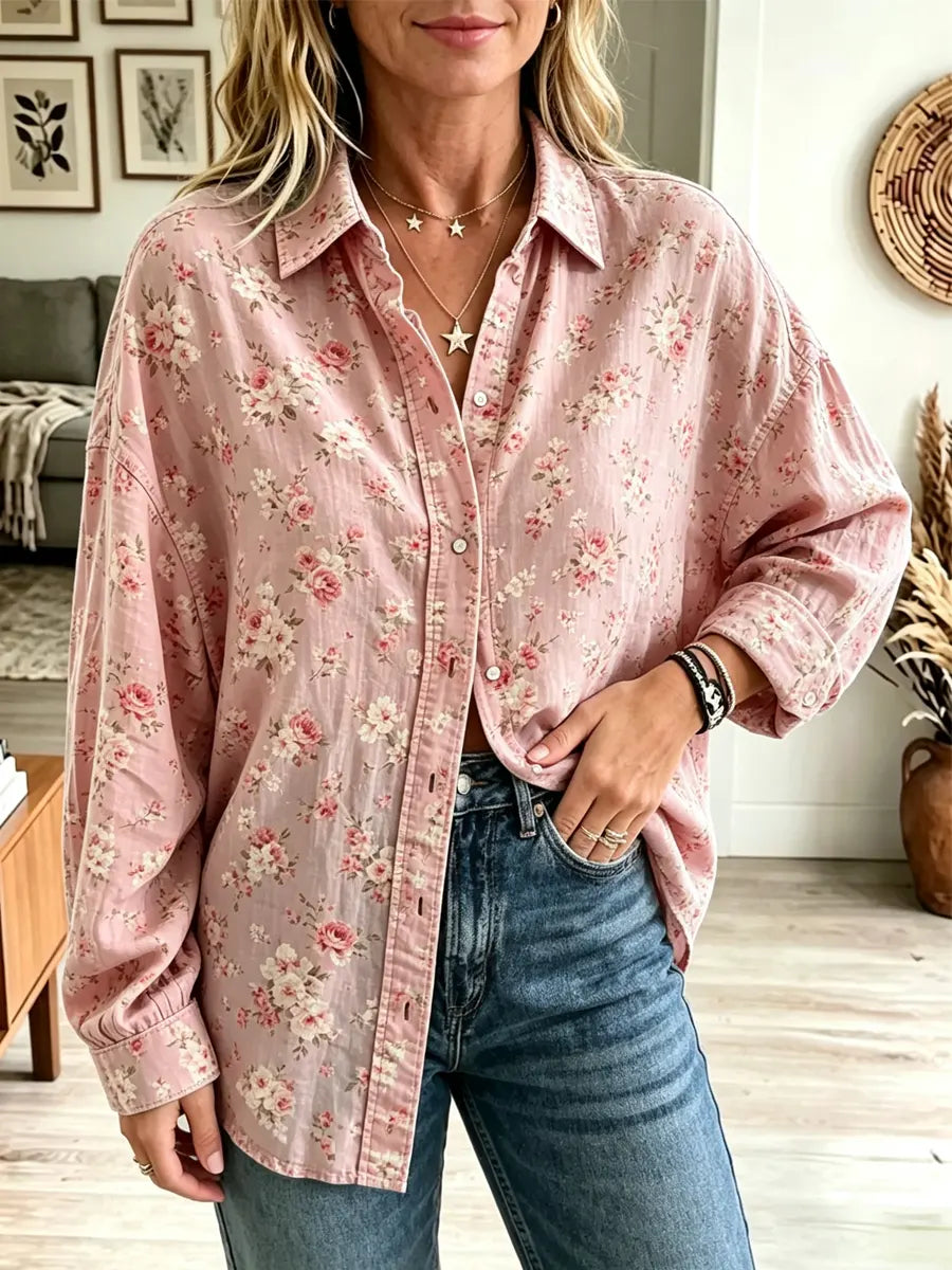 Retro Floral Pattern Art Print Casual Stylish Long Sleeve Cotton Linen Shirt