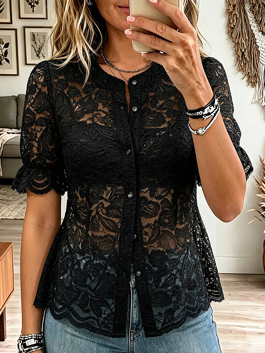 Vintage Elegant Openwork Lace Buttons Shirt