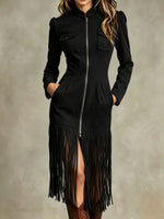 Women Western Faux Suede Zip Front Fringe Midi Dress