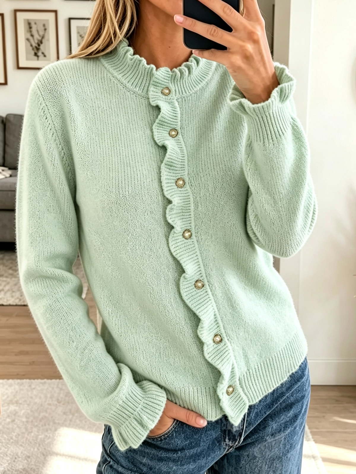 Women's Scalloped Ruffle Trim Knit Cardigan