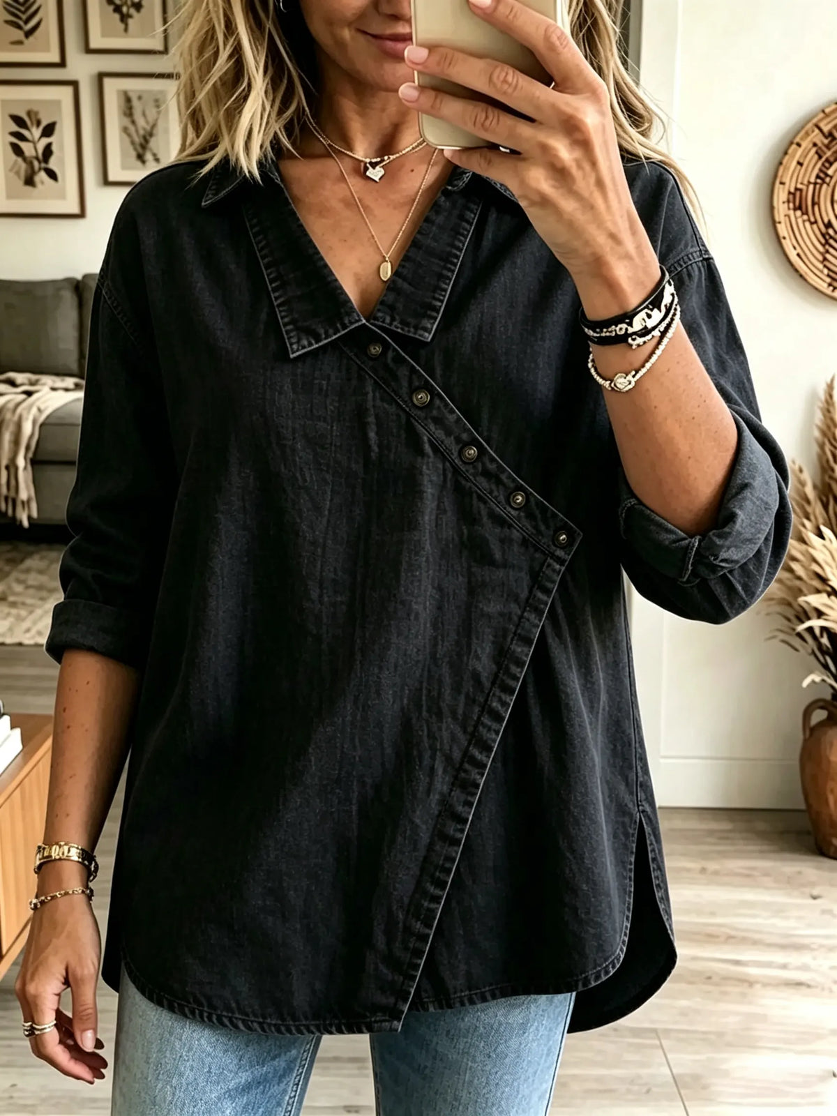 Women's Asymmetrical Button-Down Denim Tunic Shirt