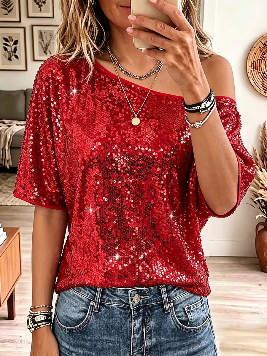 Vintage Elegant Off-shoulder Sequins Shirt