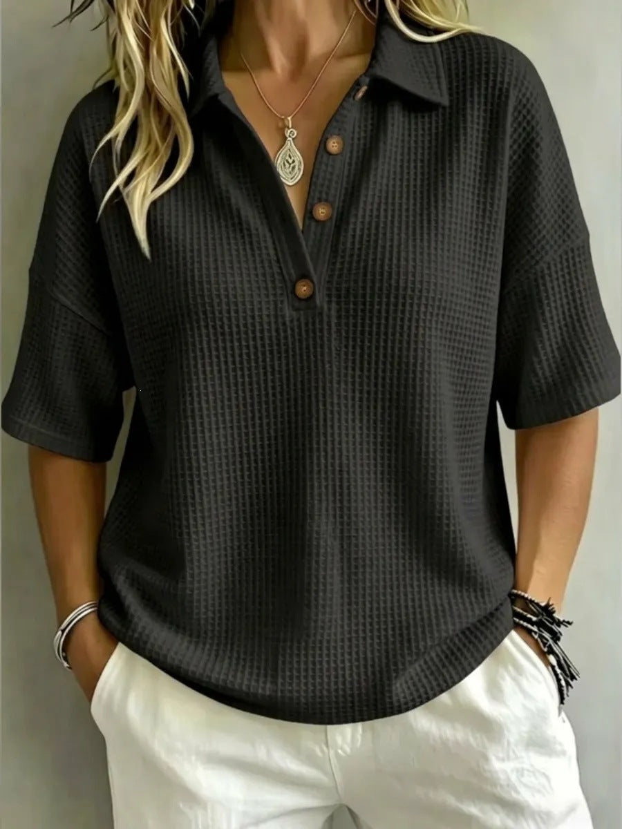 Solid Color Lapel Casual Short Sleeve Stylish Waffle Shirt