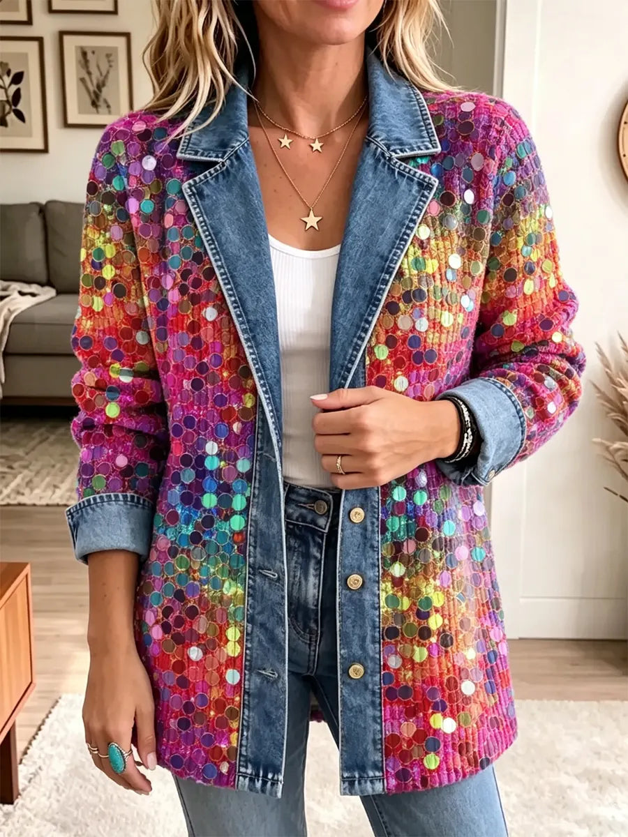 Retro Shiny Sequins Pattern Art Casual Denim Patchwork Stylish Long Sleeve Coat