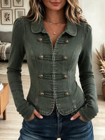 Women's Olive Green Vintage Stand Collar Knot Button Front Slim Fit Jacket