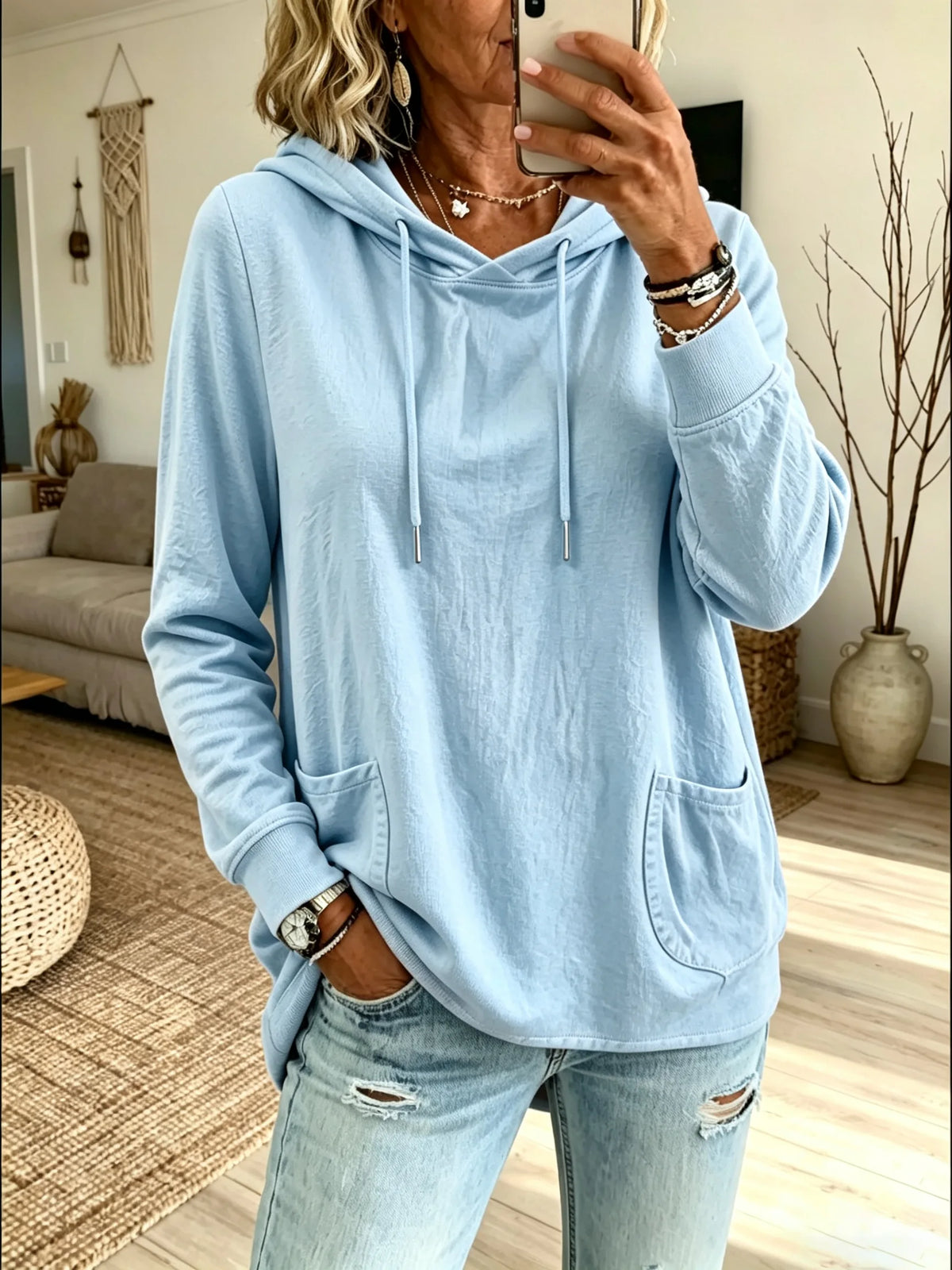 Women's Solid Color Basic Dual Pocket Drawstring Loose Hooded Sweatshirt