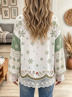 Women's Snowman Snowflake Print Lace Trim Top