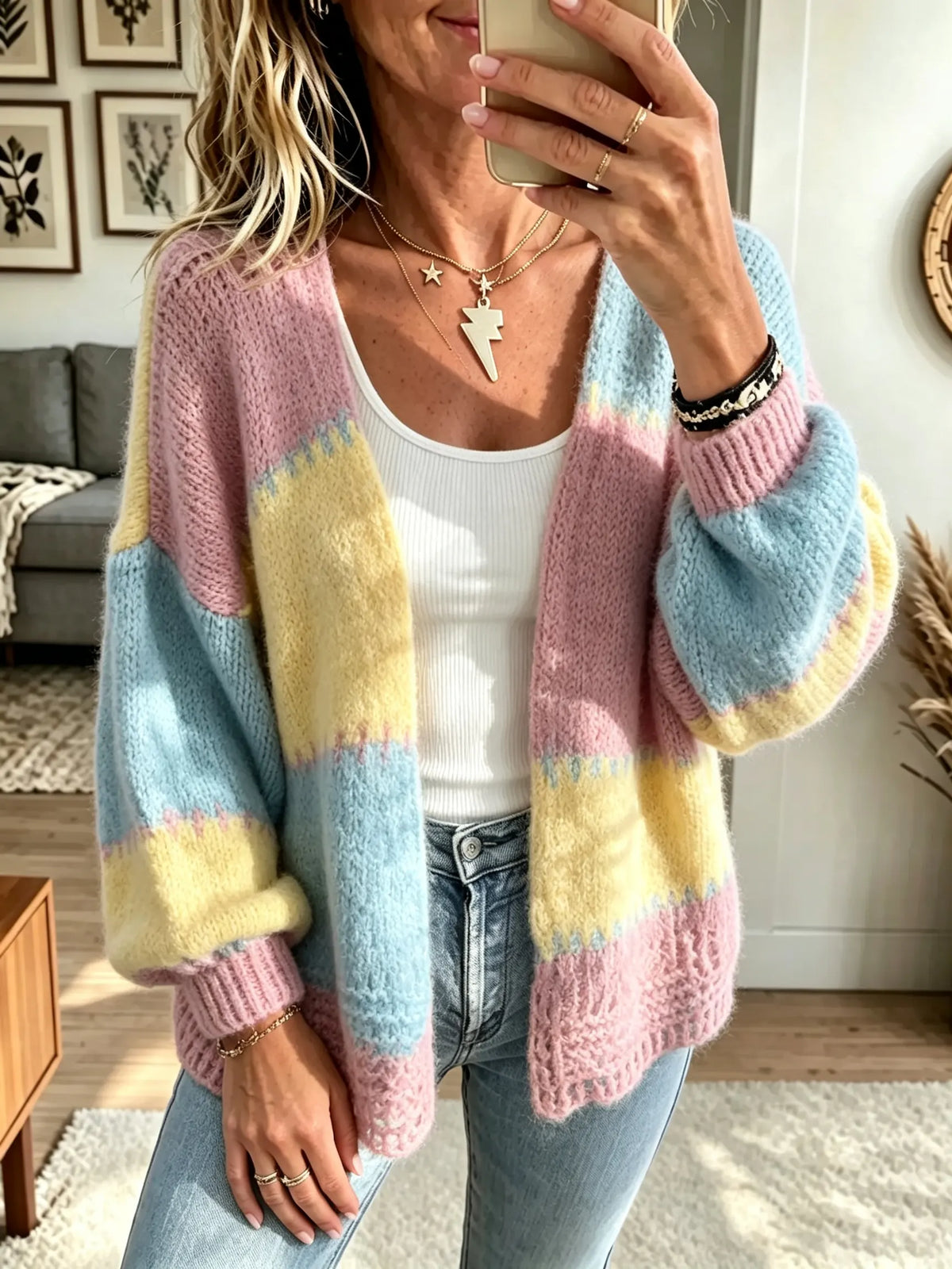 Women's Color-Block Chunky Open-Front Cardigan