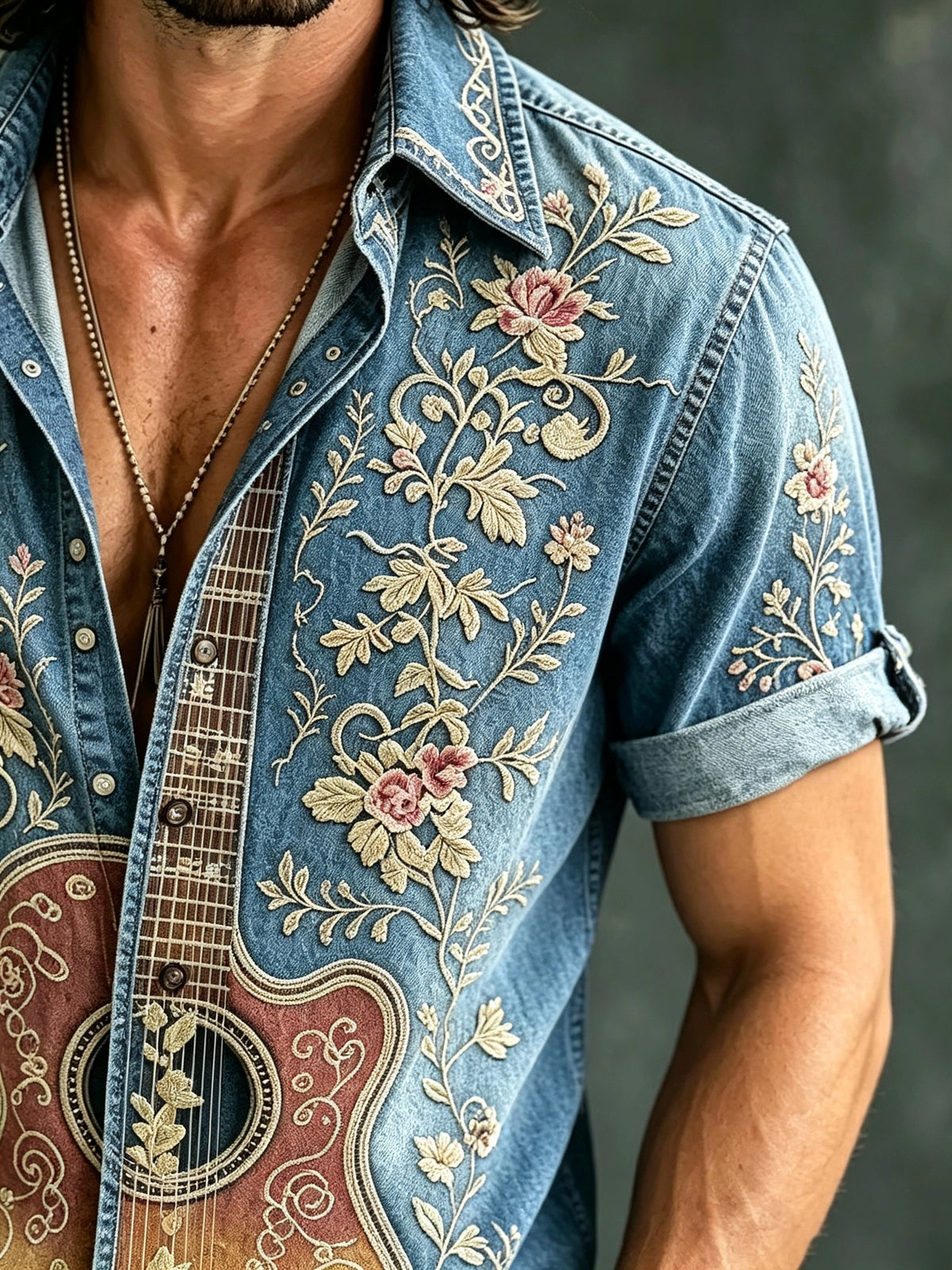 Men's Denim Floral Guitar Print Button-Up Shirt
