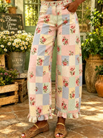 Women's Pastel Floral Checkered Print Ruffled Pants