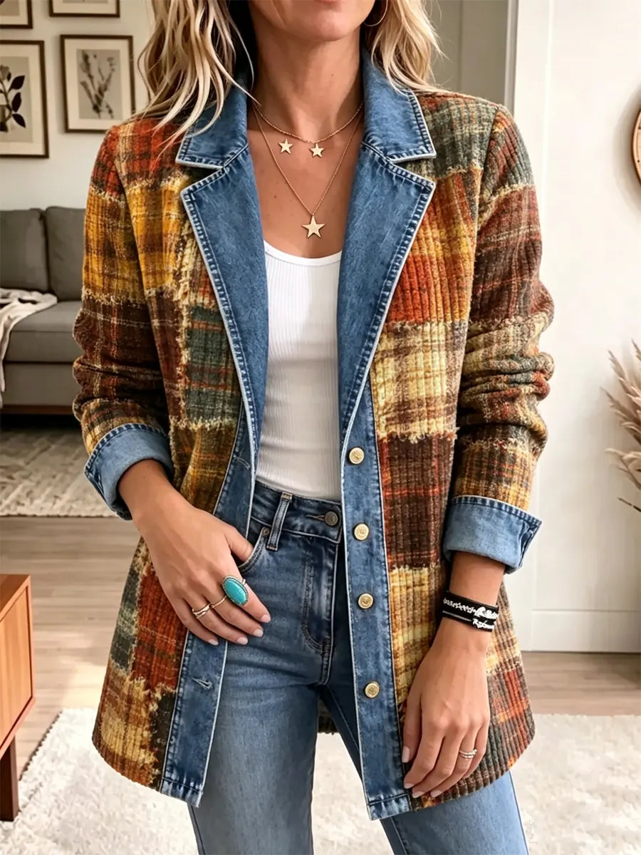 Retro Plaid Pattern Art Casual Denim Patchwork Stylish Long Sleeve Coat