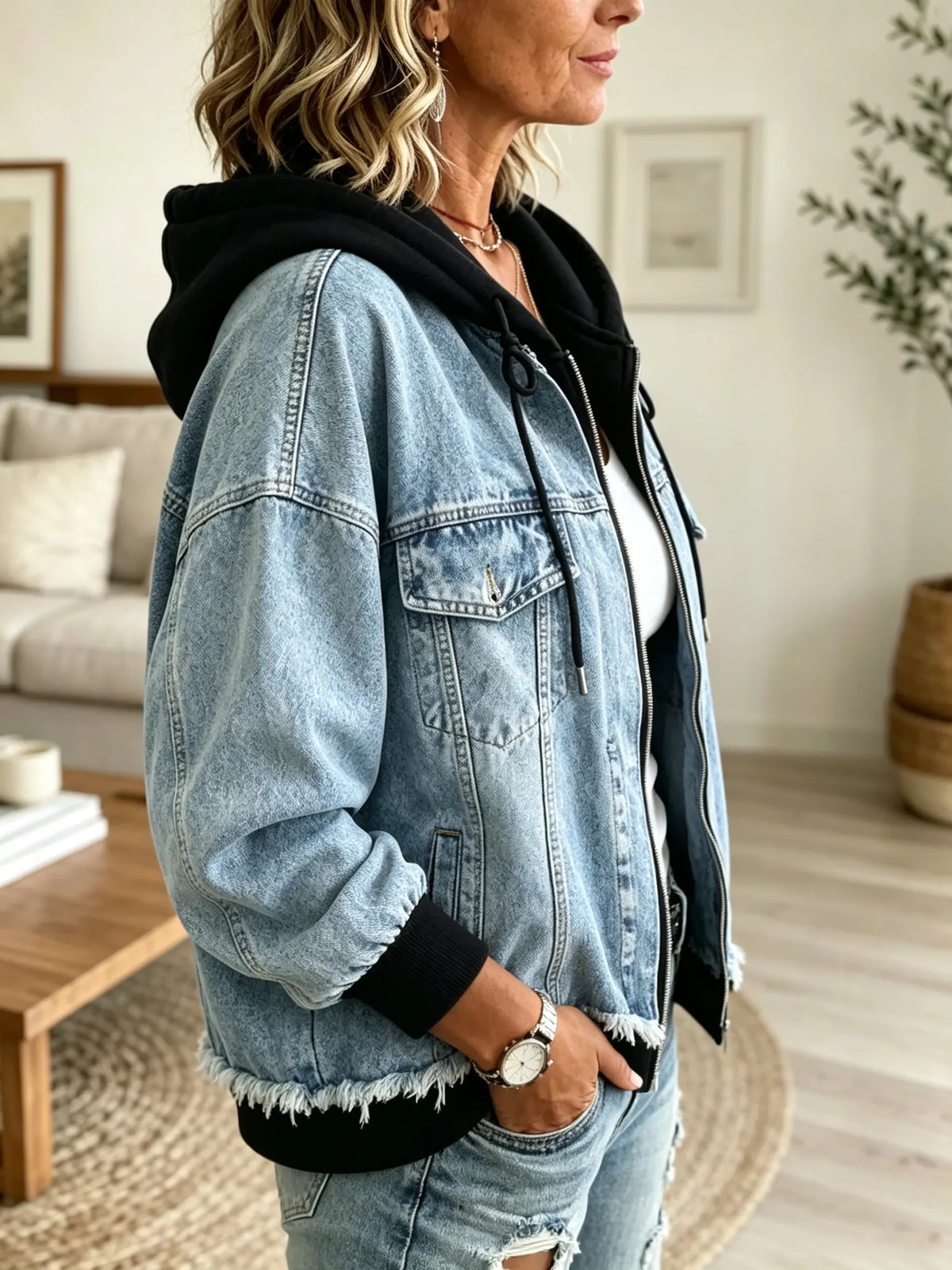 Women's Hooded Denim Bomber Jacket