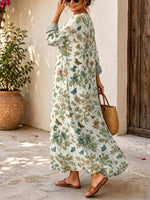 Retro Floral Butterfly Pattern Art Print Casual V-neck Long Sleeve Cotton Linen Maxi Dress