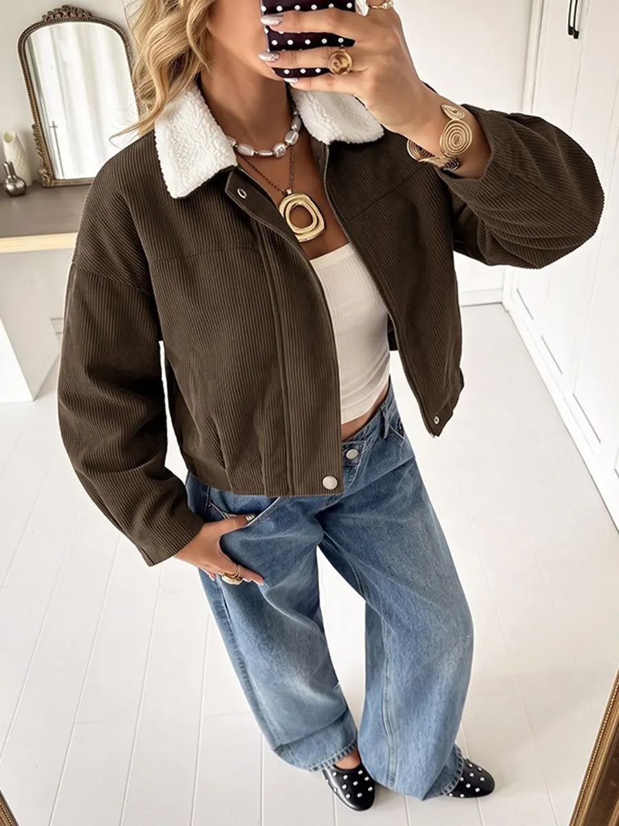 Retro Lapel Zip Corduroy Art Casual Stylish Long Sleeve Coat