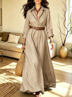 Retro Solid Color Art Casual Stylish Lapel Long Sleeve Maxi Dress