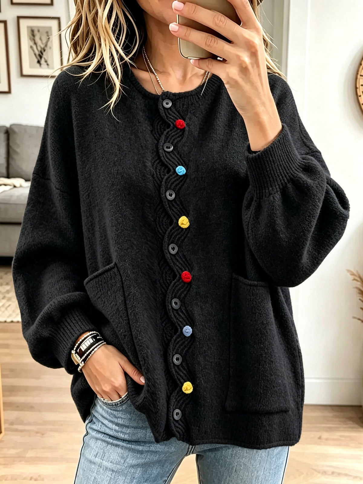 Women Green Wavy Trim Colorful Buttons Pocket Knit Cardigan