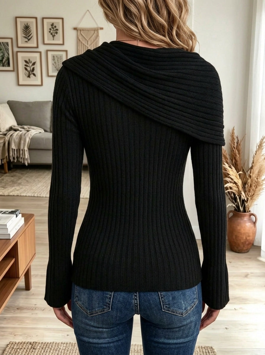 Women's Draped Cowl Neck Gold Button Ribbed Sweater