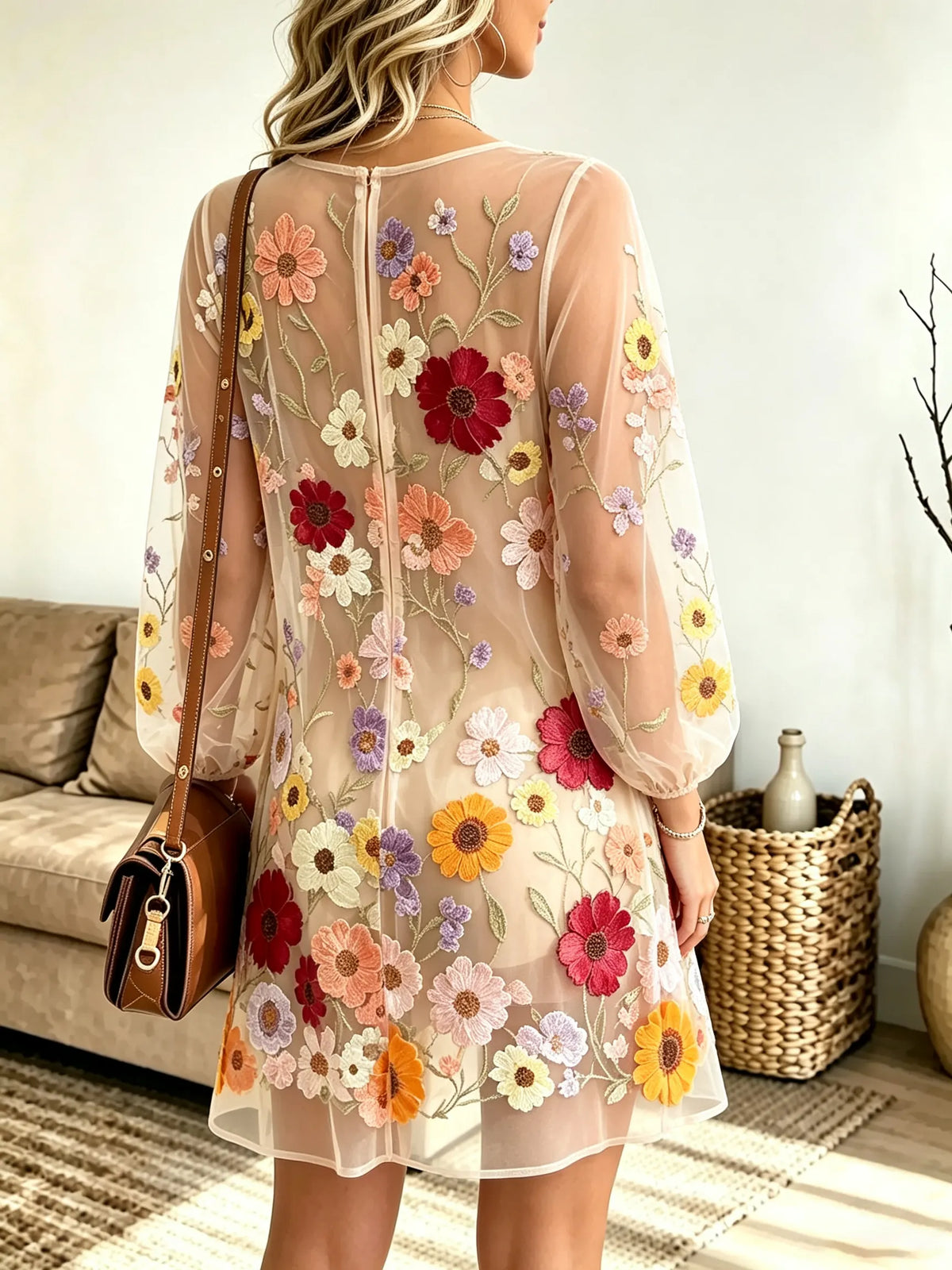 Women's Floral Embroidered Sheer Tulle Shift Mini Dress