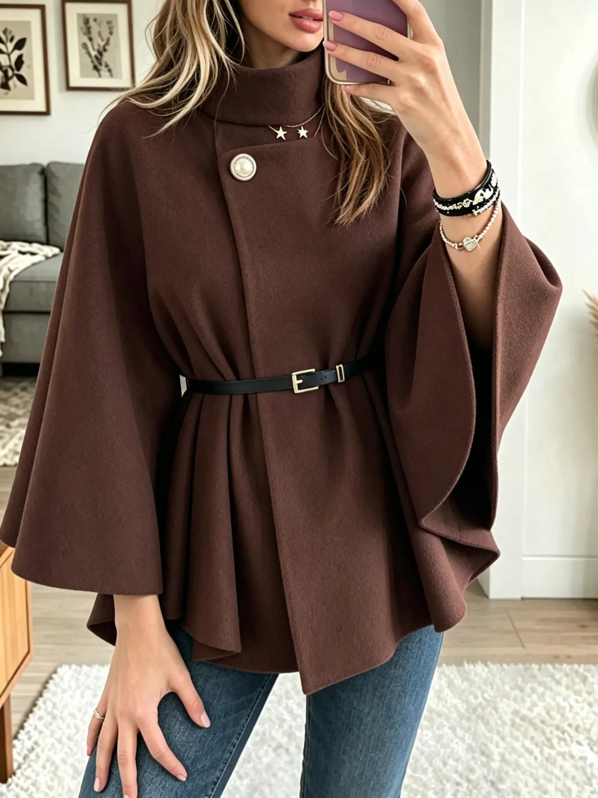 Women's Belted Funnel Neck Cape Coat