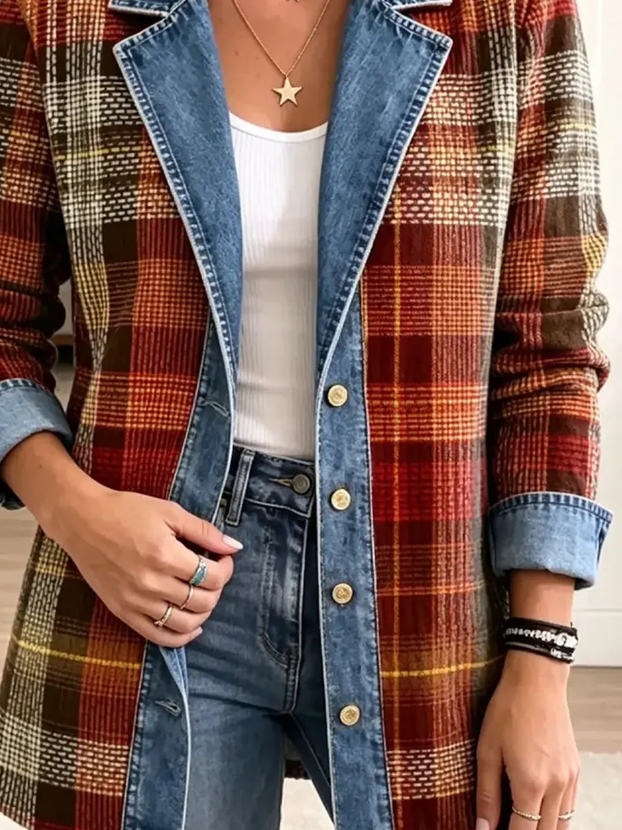Retro Plaid Pattern Art Casual Denim Patchwork Stylish Long Sleeve Coat