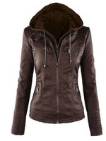 Women Detachable Hood Faux Leather Biker Jacket, Zip‑Up Slim Moto Coat With Multi Zipper Pockets