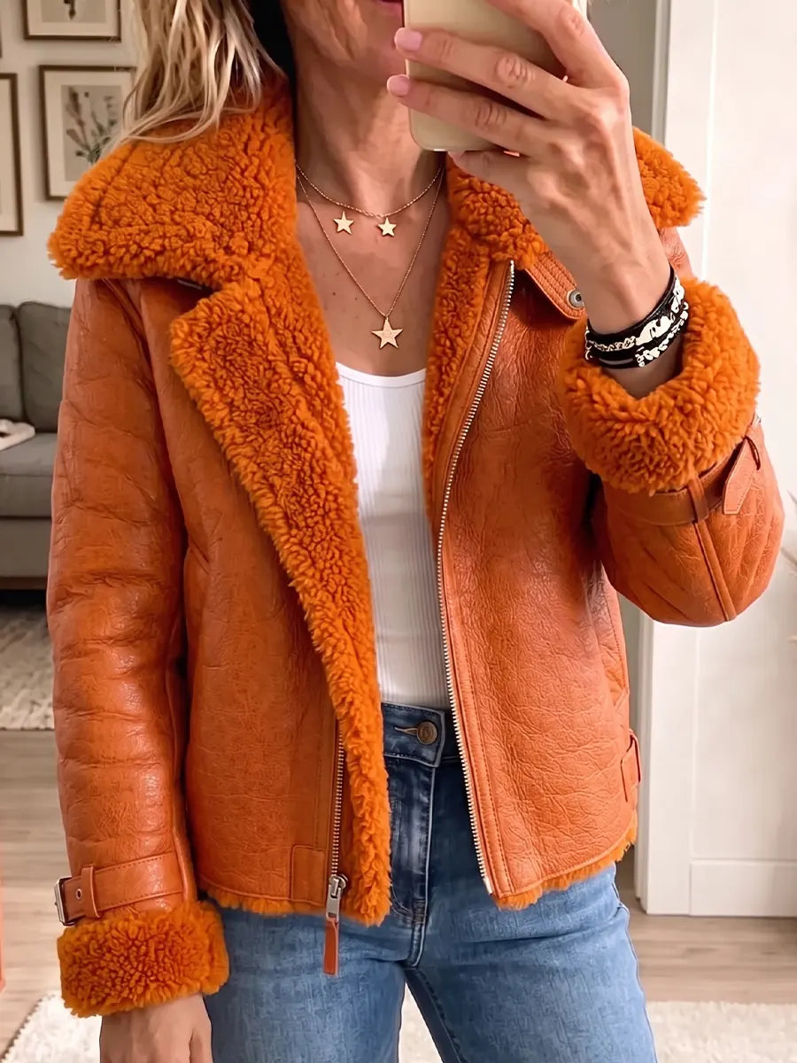 Vintage Elegant Pu Fleece Zip-up Coat