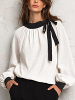 Retro Elegant Bow Color Block Art Casual Stylish Long Sleeve Cotton Linen Shirt