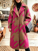 Women Lapel Winter Geometric Jacquard Double‑breasted Long Wool Blend Coat Overcoat